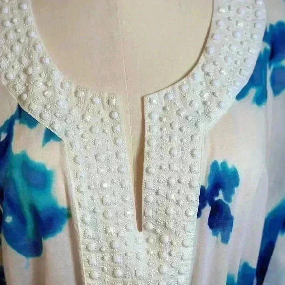 Michael Kors Beaded V-Neck White /Blue Blouse with draw string waist (L/XL) - Picture 2 of 16